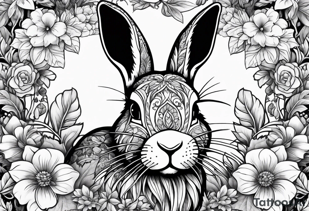 Realistic rabbit head in the middle of realistic flowers and leaves tattoo idea