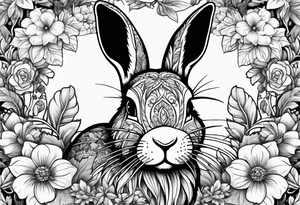 Realistic rabbit head in the middle of realistic flowers and leaves tattoo idea