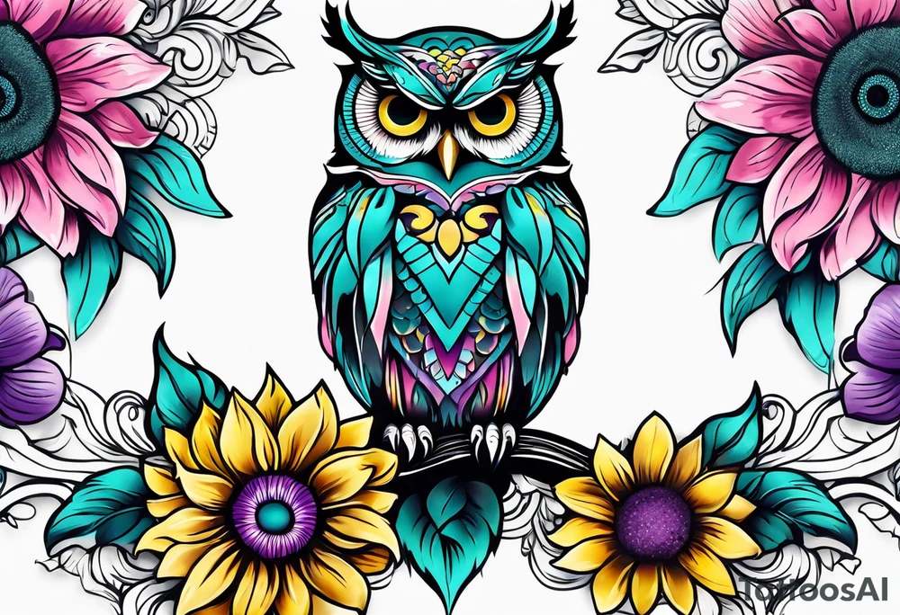 Leg Sleeve with black and white owl that's lightly shaded teal, pink and purple and yellow sunflowers tattoo idea