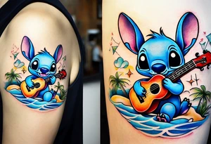 Stitch tattoo on arm under shoulder that is the version of stitch where he’s dressed up like Elvis playing a ukulele on a beach tattoo idea