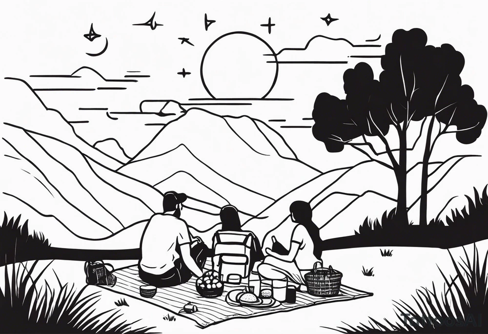 minimalstic picnic scene in nature on a blanket, with tennants, picnicbasket, backpack and sun in the sky tattoo idea