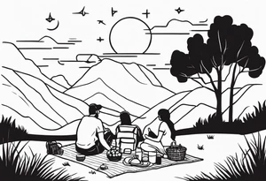 minimalstic picnic scene in nature on a blanket, with tennants, picnicbasket, backpack and sun in the sky tattoo idea