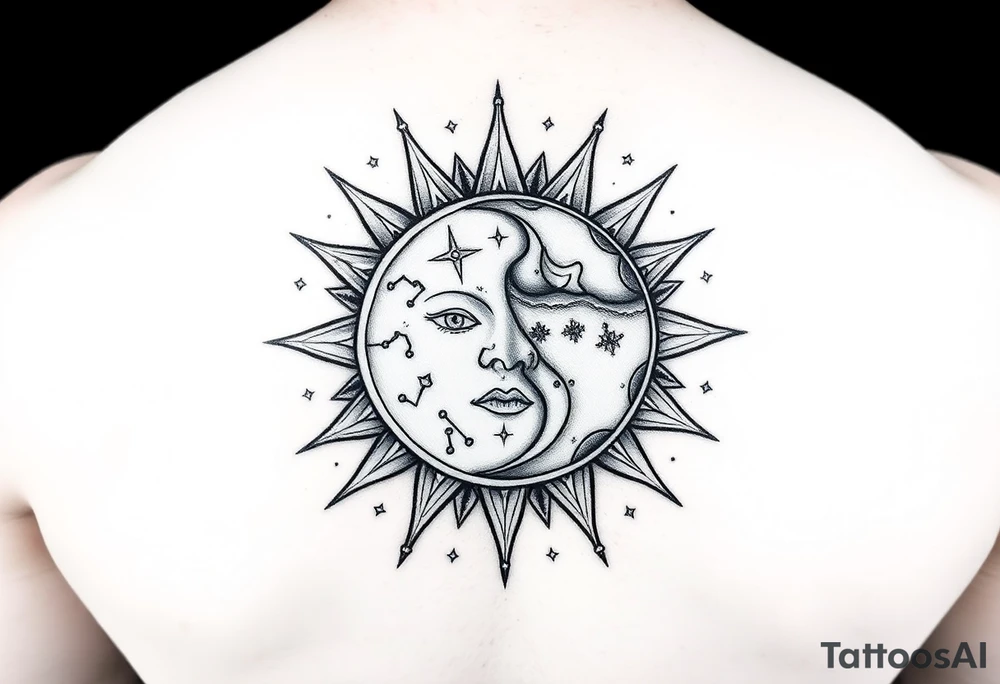 celestial sun and moon embrace with constellation patterns tattoo idea