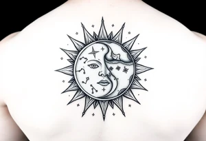 celestial sun and moon embrace with constellation patterns tattoo idea