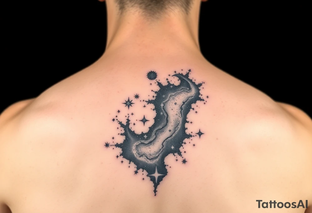 Beautiful and epic 3d milky way that appears to be what is beneath the skin. Make it drape over the shoulder and move to the middle back. use negative spaces to create stars and dust. Incorporate God breathing life into the universe. Keep it symmetrical tattoo idea