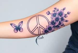 peace symbol filled with day prints and purple, Pisces symbol, intertwined with violets, amethyst, initials csb in cursive font tattoo idea