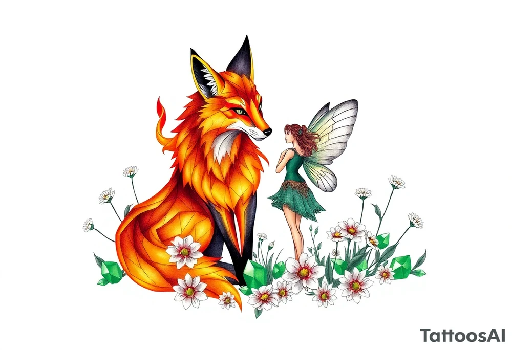 Fox made of fire with a fairy standing close to it  in a field of lillys and emerald jem stones tattoo idea