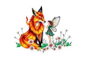 Fox made of fire with a fairy standing close to it  in a field of lillys and emerald jem stones tattoo idea
