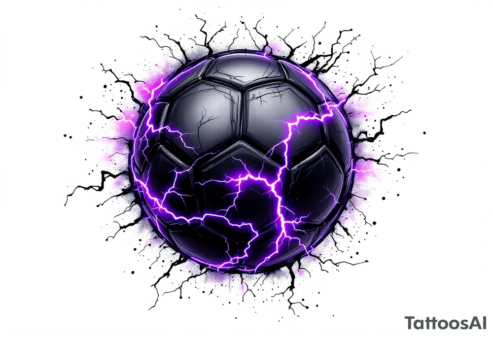 A black soccer ball with purple lightning bolts cracking across its surface. tattoo idea