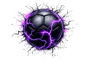 A black soccer ball with purple lightning bolts cracking across its surface. tattoo idea