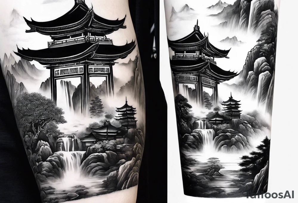 forearm sleeve traditional chinese art painting Chinese temple two old philosophers wearing robes and drinking tea mountains mist fog waterfall tattoo idea