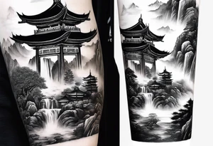 forearm sleeve traditional chinese art painting Chinese temple two old philosophers wearing robes and drinking tea mountains mist fog waterfall tattoo idea