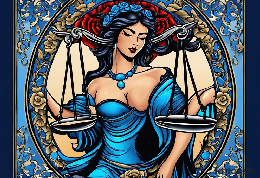 Lady Justice, 
Blindfold:
Scales: 
 Lady Justice is shown with black hair, which is a unique artistic choice compared to the more traditional representations. The scales, blindfold, and sword are all present, adhering to the classic iconography but with a modern and colorful twist. blue roses frames, background blue,present it in a tattoo tattoo idea