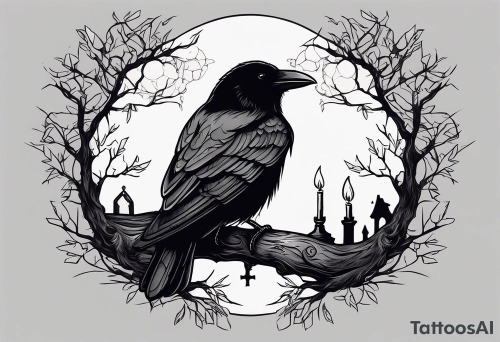 Half upper sleeve. Raven on a branch with candles and headstones and a moon in the background tattoo idea