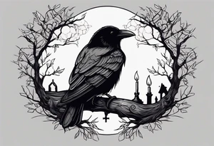 Half upper sleeve. Raven on a branch with candles and headstones and a moon in the background tattoo idea