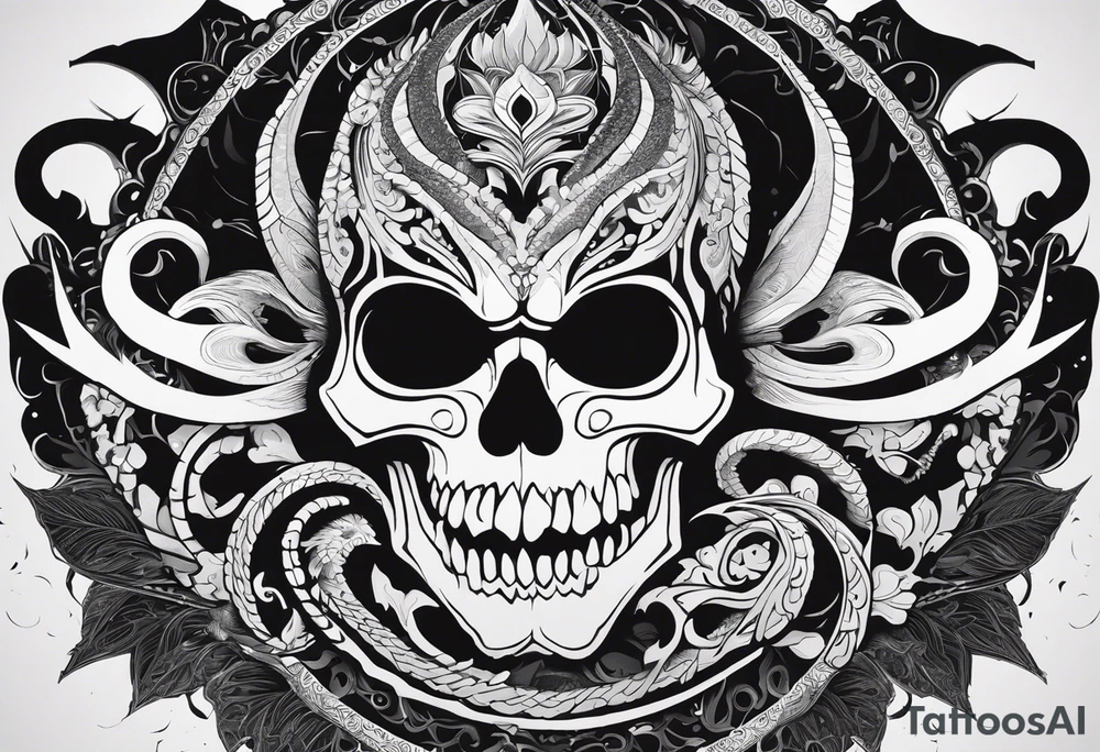 A black-and-white silhouette illustration of a fantastical skull with intricate details, its face twisted into surreal, angular shapes. Wrapped around the skull is a dragon, its body coiled in a striking, dynamic pose, with sharp, bold outlines for its scales and features. Surrounding the main skull are several smaller skulls, each with distinct, abstract patterns formed from solid black lines and shapes. The overall design is rich in detail, but entirely in black and white, with no shading or gradients. The background is dark and minimalistic, with swirling, shadowy shapes that add a sense of mystery and the supernatural. The composition embodies dark fantasy, emphasizing death and creativity through sharp contrasts and striking silhouettes. tattoo idea