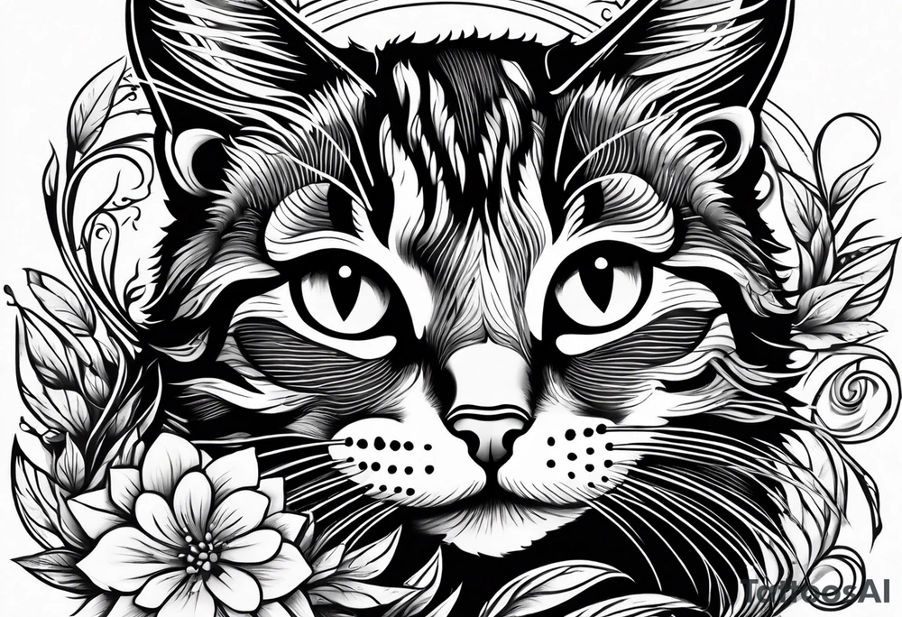 Illustrate a small tattoo of a tabby cat curled up, surrounded by gentle swirls or floral elements to enhance its cozy vibe tattoo idea