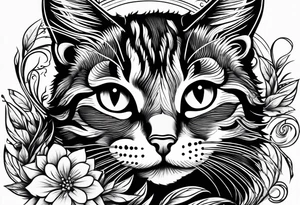 Illustrate a small tattoo of a tabby cat curled up, surrounded by gentle swirls or floral elements to enhance its cozy vibe tattoo idea