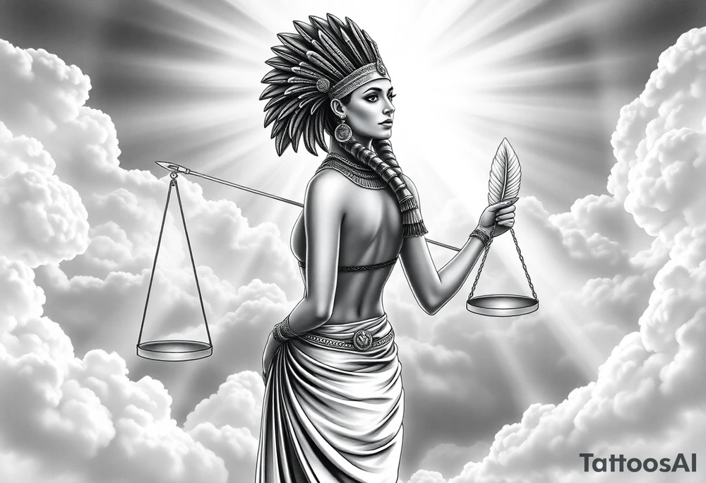 beautiful Egyptian goddess stands with her back slightly turned, accentuating her figure. Wearing a silk gown. She wears an elaborate ostrich feather headdress and ornate, intricate ancient Egyptian jewelry draped across her body. Her expression is mysterious and confident. In one hand, she holds the Scales of Justice: one side holds a radiant, glowing heart; the other, Ma’at’s feather. The scales themselves shimmer with an otherworldly light.
The background is a surreal, heavenly landscape filled with luminous clouds and beams of divine light piercing through, creating dramatic contrasts of deep shadows and highlights. The entire scene is bathed in an ethereal, mystical glow, with a dreamlike, almost supernatural atmosphere. tattoo idea