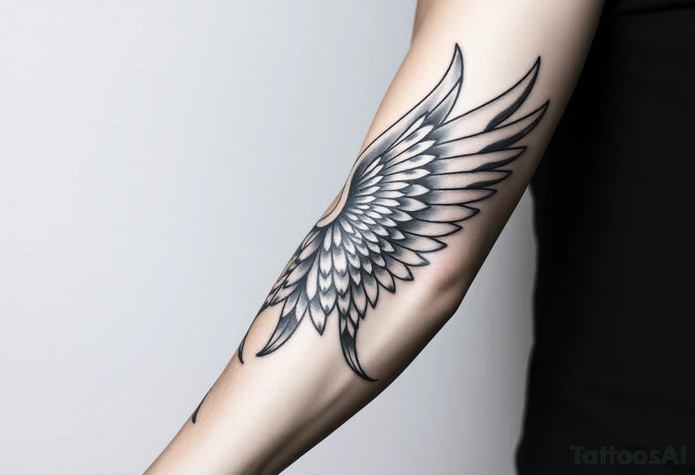Forearm sleeve tattoo including details of a few jungle leafs, Puerto Rican tribal patterns, angel wing with money patterns in it tattoo idea