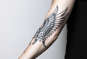 Forearm sleeve tattoo including details of a few jungle leafs, Puerto Rican tribal patterns, angel wing with money patterns in it tattoo idea