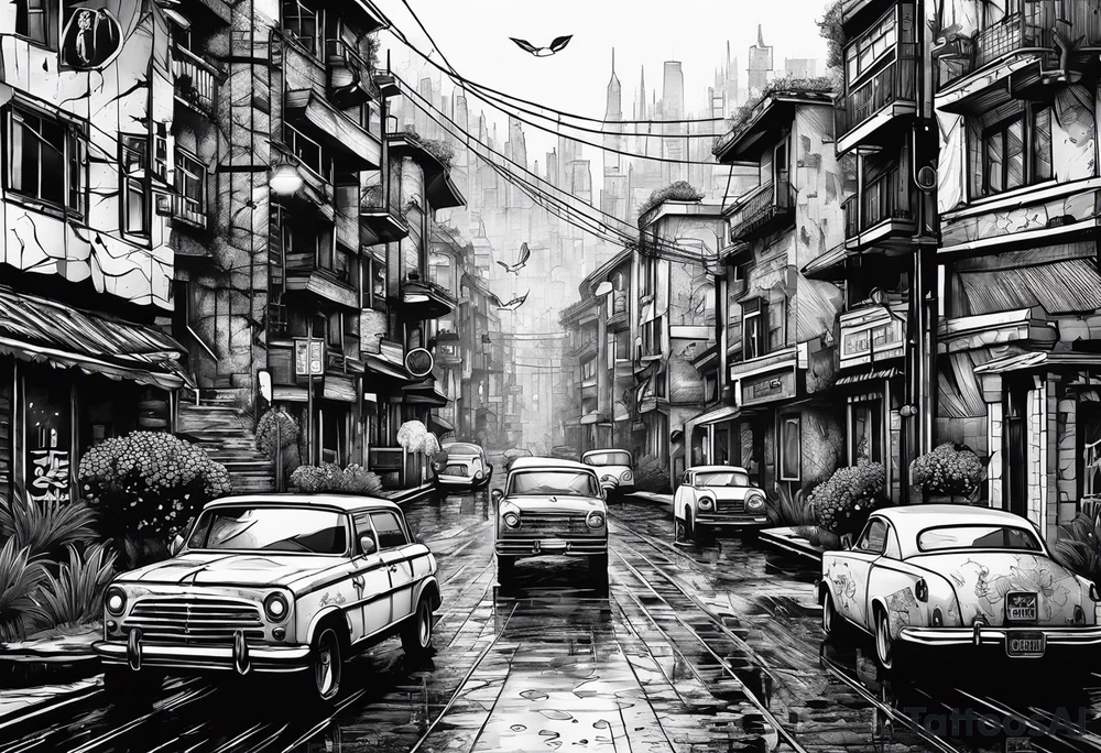 post apocalipse city, with cat, rain tattoo idea