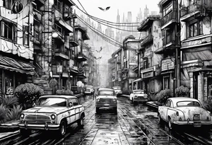 post apocalipse city, with cat, rain tattoo idea
