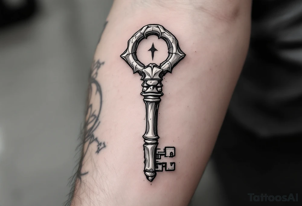 A surreal design where the key is carved from a skeletal finger bone and the lock placed next to it. The style is fine line with soft shading in muted gray and bone white, accented with light shadowing and subtle black ink details to give it a haunting yet elegant vibe. tattoo idea