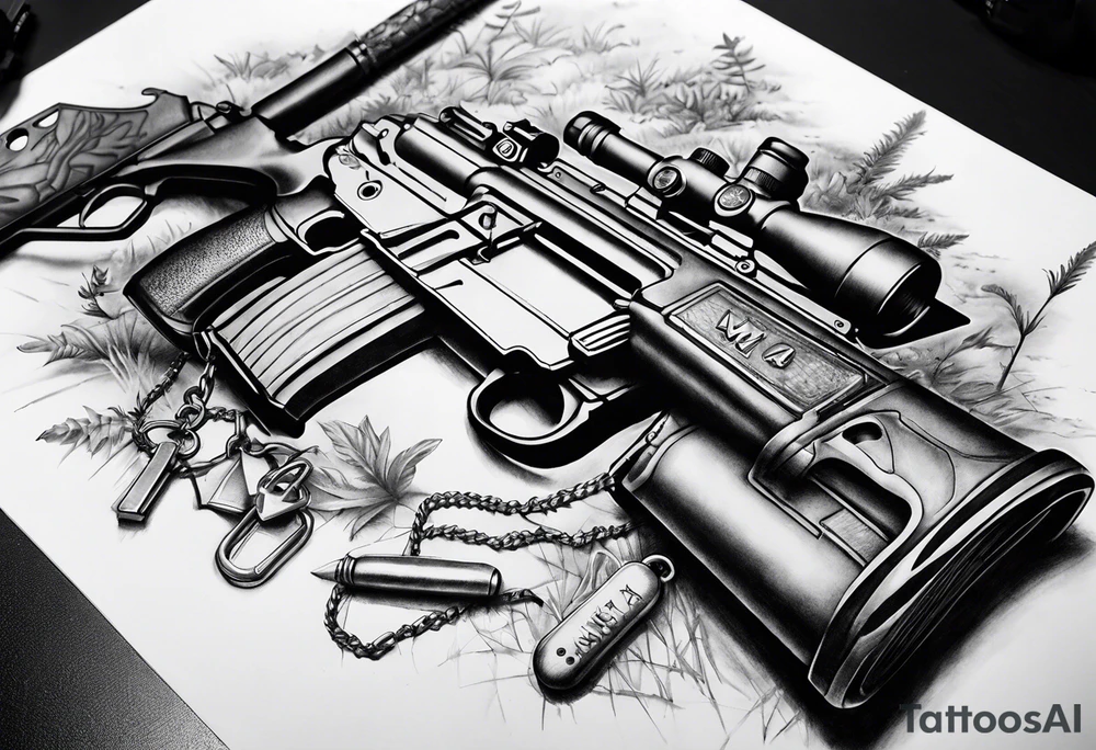 M4 rifle stuck in ground with boots at the base of the rifle and dog tags hanging from the grip tattoo idea