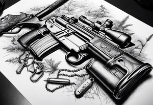 M4 rifle stuck in ground with boots at the base of the rifle and dog tags hanging from the grip tattoo idea