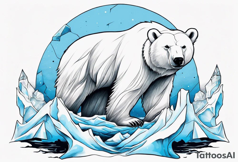 arm tattoo of polar bear and ice berg and relevant nature make colors primary black and white with a little blue tattoo idea