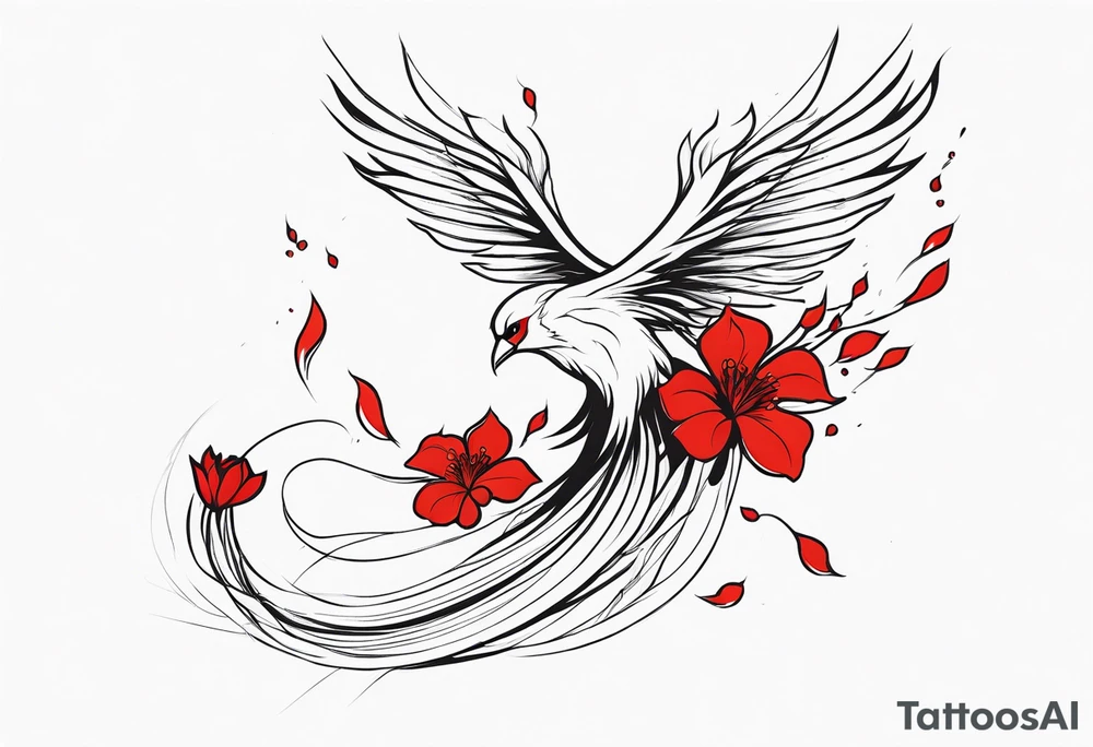 elongated phoenix in profile with claws holding red flowers falling tattoo idea