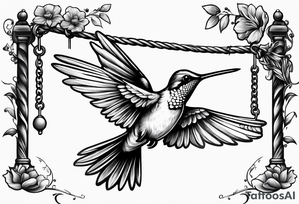 hummingbird with sad angel on swing coming out of tail feathers tattoo idea