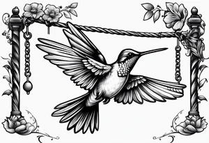hummingbird with sad angel on swing coming out of tail feathers tattoo idea