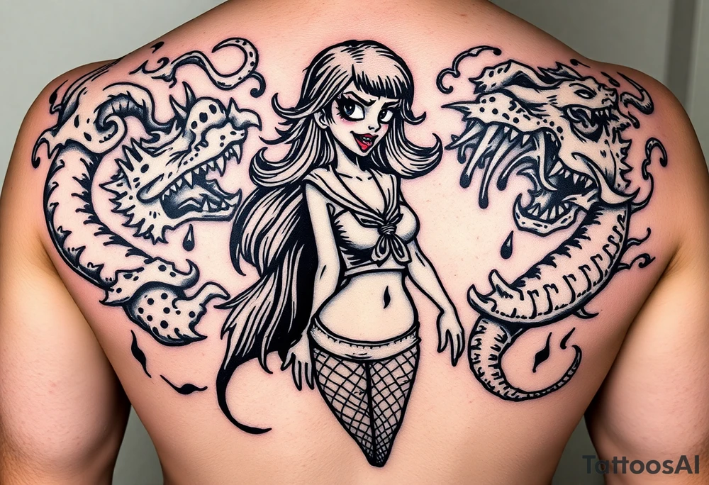 beautiful vampire woman with bloody mouth dressed in short skirt and sailors top with fishnet leggings and arms, surrounded by swirling smoke and blood that forms dragon head shapes tattoo idea