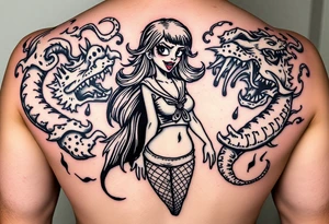 beautiful vampire woman with bloody mouth dressed in short skirt and sailors top with fishnet leggings and arms, surrounded by swirling smoke and blood that forms dragon head shapes tattoo idea