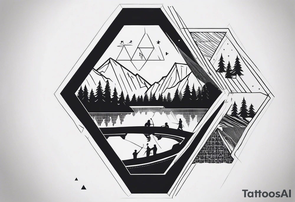 Create a tattoo design for the inside of a man's forearm, extending to part of his shoulder. The design should feature three distinct scenes, each enclosed within a hexagon. These hexagons should be surrounded by lines and small, simple elements inspired by the theme of a Russian village.

The first hexagon should depict a boy sitting on top of a bale of hay in a field, looking into the distance.
The second hexagon should illustrate the exterior of a village club.
The third hexagon should show a small river flowing through a field, with a dam reducing the water flow.
Please ensure the overall composition is cohesive, with the surrounding elements enhancing the village theme. tattoo idea