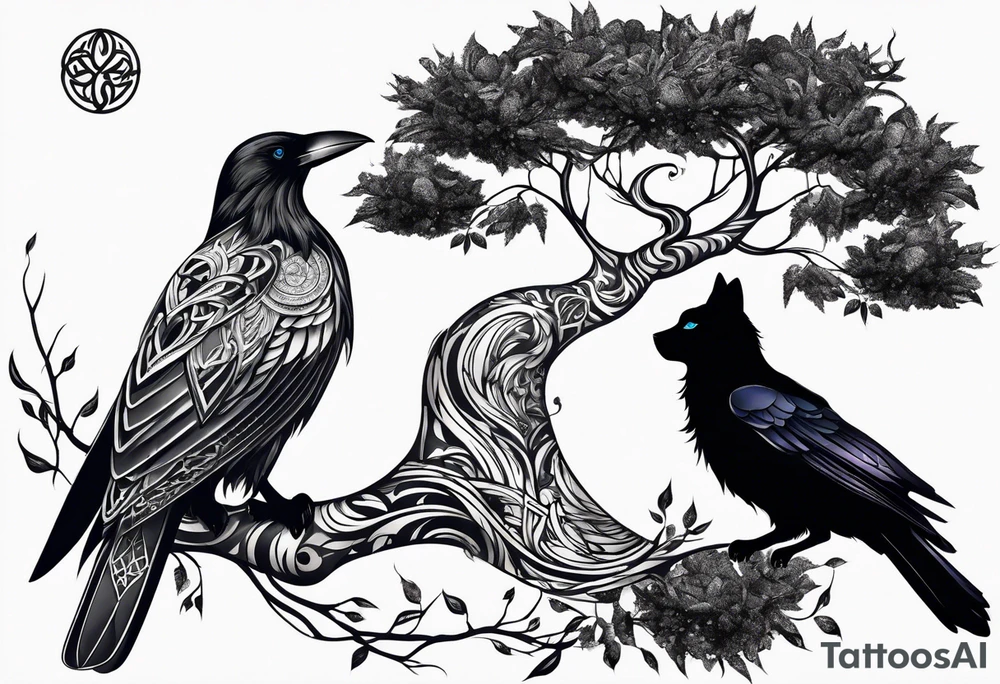 world tree with a cat and a raven and knotwork upper arm tattoo tattoo idea