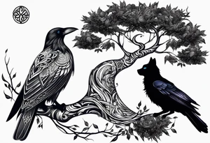 world tree with a cat and a raven and knotwork upper arm tattoo tattoo idea