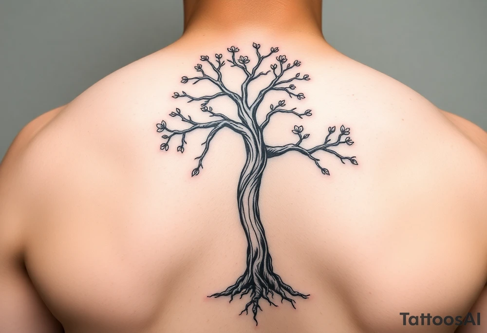 back tattoo with proverbs 31 with tree of life woman tattoo woman’s body as the trunk with no head  with roots and branches from neck with  small flowers from a few branches tattoo idea