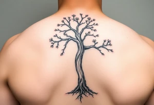 back tattoo with proverbs 31 with tree of life woman tattoo woman’s body as the trunk with no head  with roots and branches from neck with  small flowers from a few branches tattoo idea