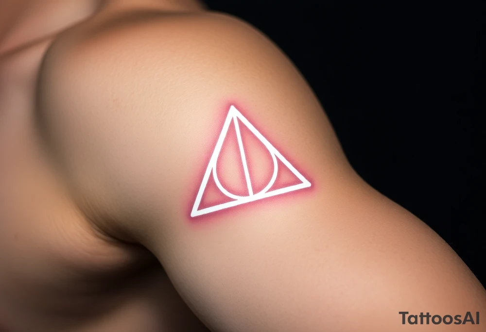 A minimalist Deathly Hallows  full symbol outline in glowing white ink, creating a mystical, luminescent effect on the skin tattoo idea