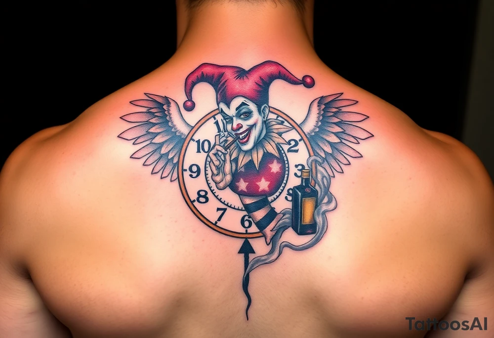 a jester clown floating in smoke with a  clock, the time says 420,  with two open wings besides the clock, smoke as the spring rising from the clock, a jester clown coming out the smoke, smoking in one hand with a liquor bottle on the other hand tattoo idea