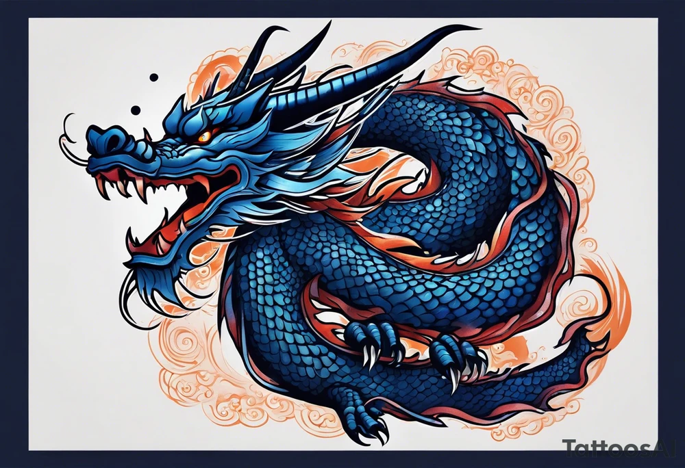 An epic floating asian dragon. Its long body coiling dynamically, with scales and horns detailed to create a sense of movement and strength. The dragon's main color is midnight blue, giving a vibrant depth and a mystical aura. This tattoo highlights the dragon’s fierce expression and sharp claws. tattoo idea