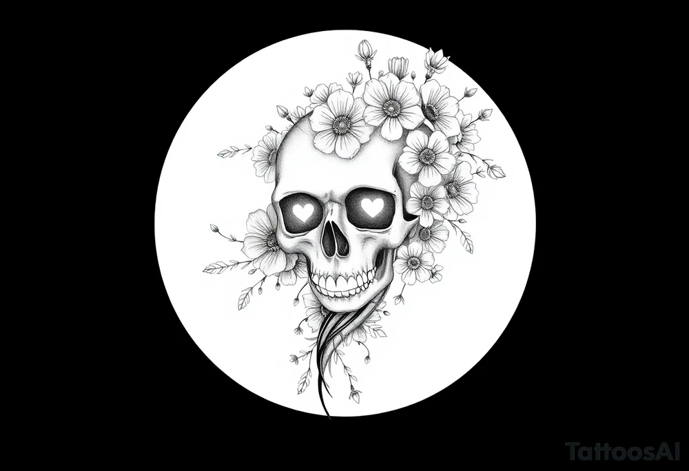 A forearm half sleeve with Gothic skull with heart eyes surrounded by wildflowers tattoo idea