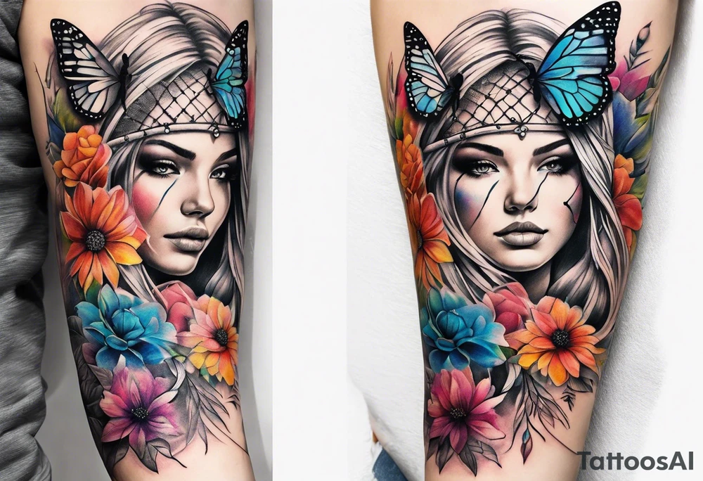 arm sleeve with dreamcatcher, rainbow flowers and one butterfly tattoo idea