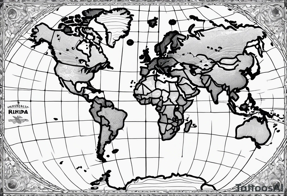 Latin america map, China map, europe map, coordinates lines, airplane flying, chip cargo on waves tattoo idea