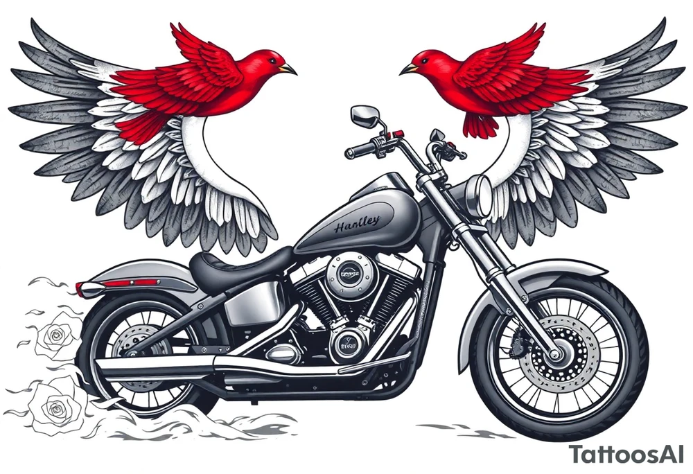 Harley grey motorcycle driving away, two red birds flying, roses, flames, angel wings tattoo idea