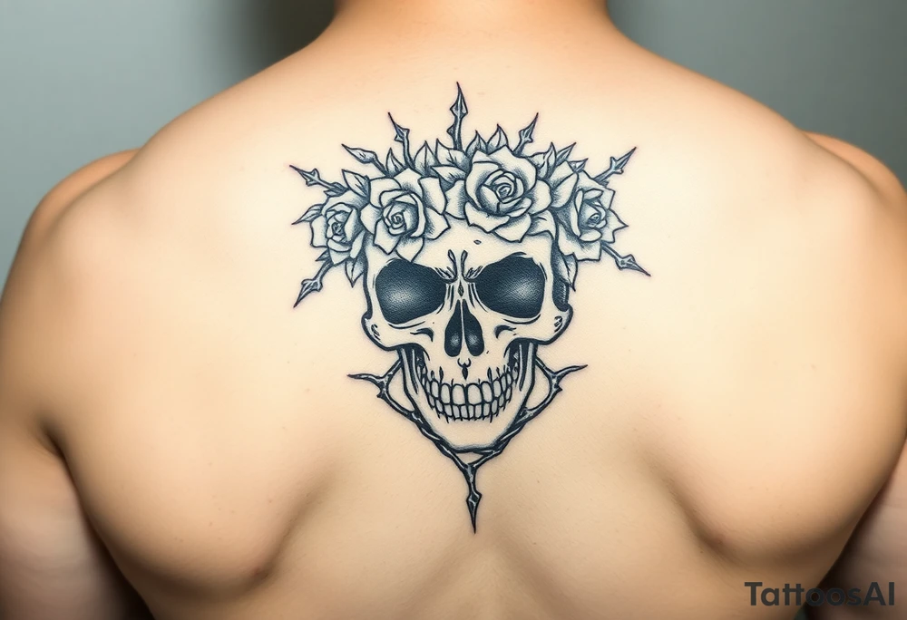 ornate skull adorned with crown of wild roses and thorns tattoo idea