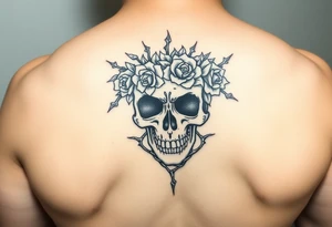 ornate skull adorned with crown of wild roses and thorns tattoo idea